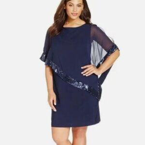 Xscape Capelet Midi Dress Navy Blue Sequin Trim Sheath Stretch Sheer Cape Size 8